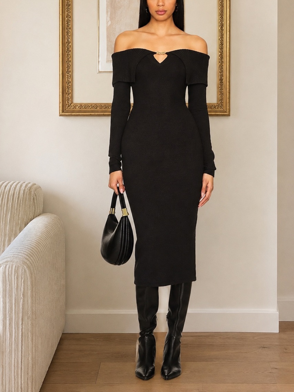 Astr Off-Shoulder Brown Midi Sweater Dress